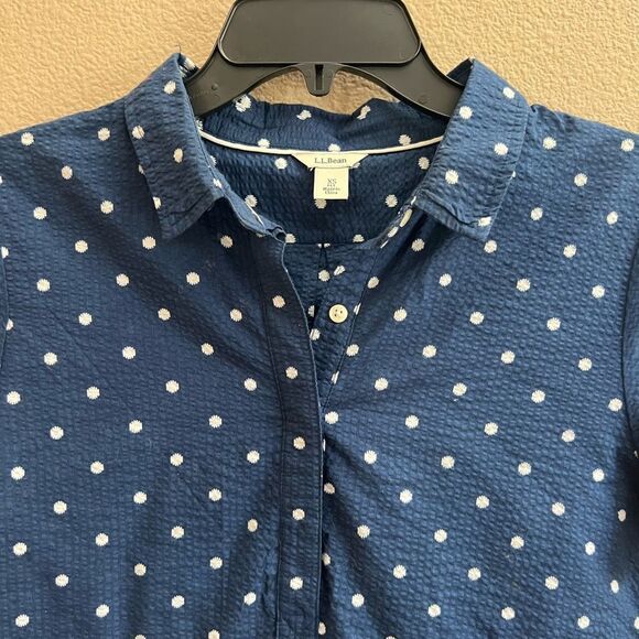 L.L. Bean Navy Polka Dot Short Sleeve Button Down - Picture 2 of 8